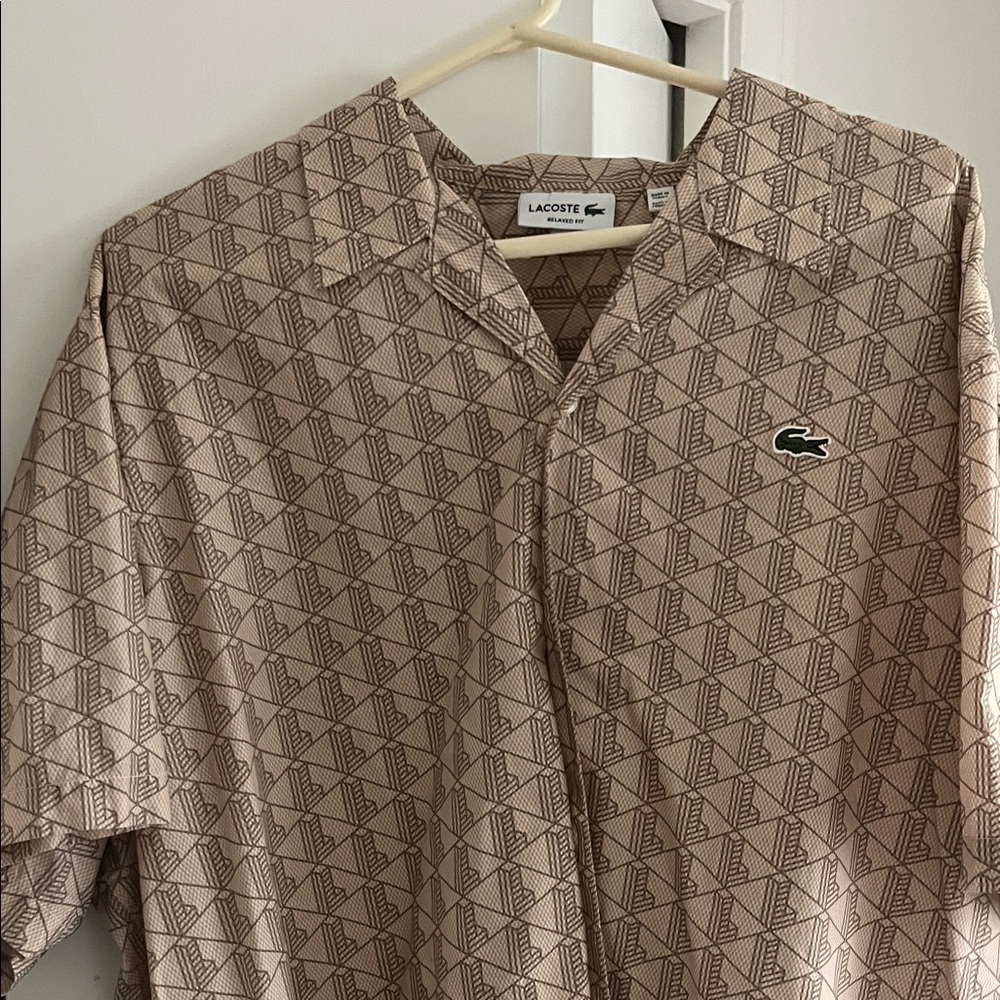 Lacoste Beige Geometric Monogram Shirt with Green Crocodile Logo